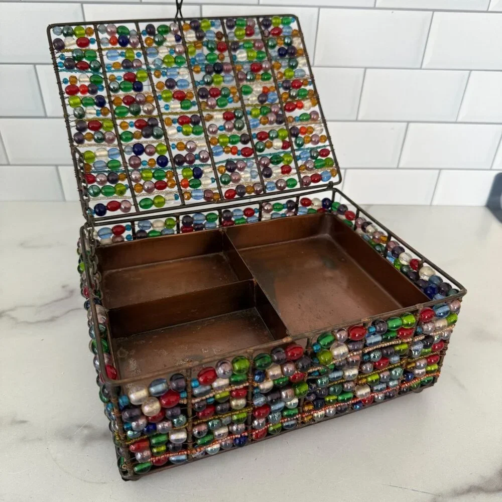 Vintage Multicolor Beaded Footed Jewelry Box Removable Copper Tray
